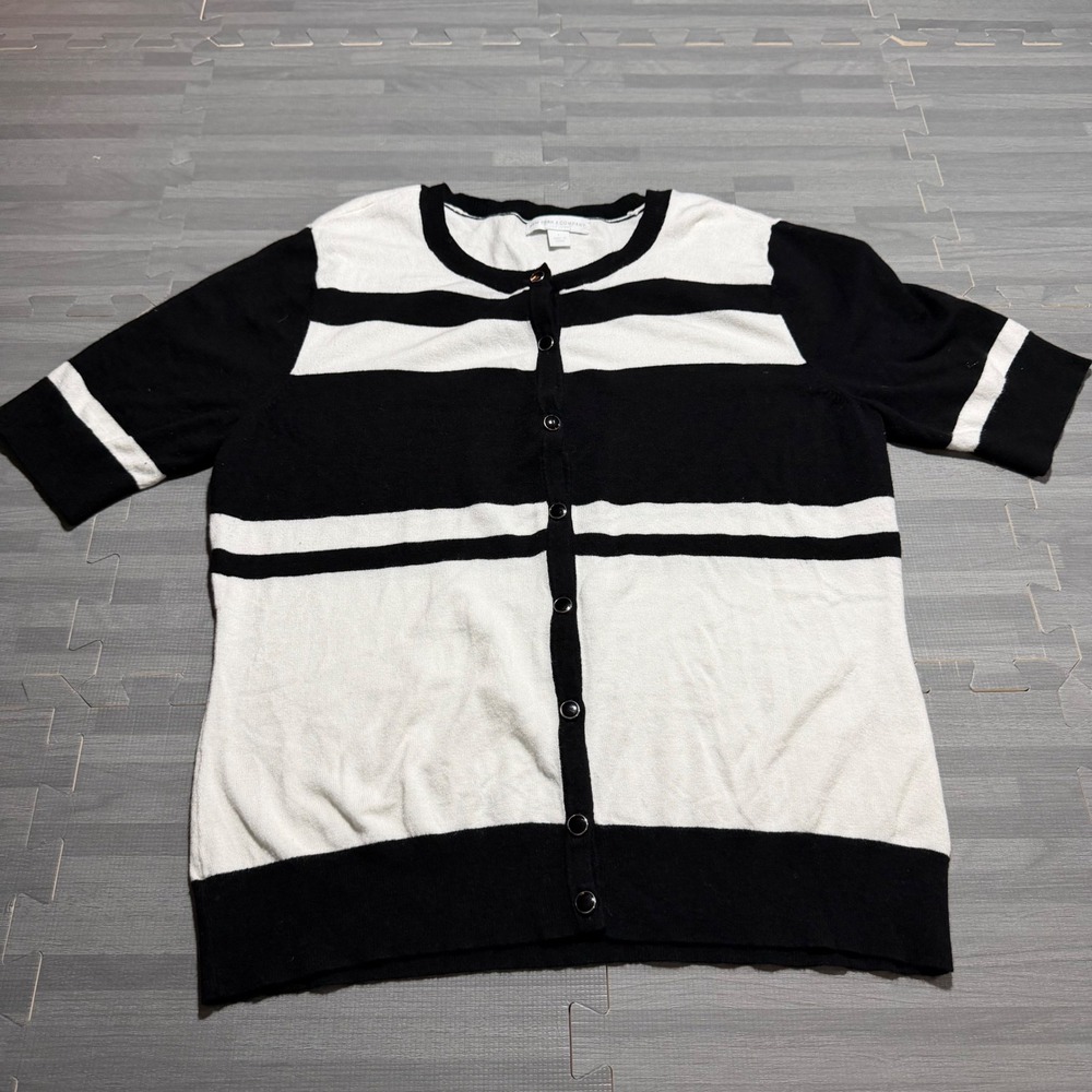 New York & Company Black White Striped Short Sleeve Button Up Cardigan Sweater